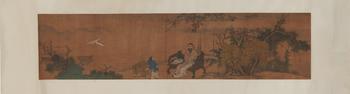 Antique Silk Scroll of Scholar Admiring Bird in Mountain Retreat