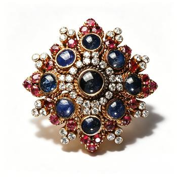 Signed Ilias Lalaounis Byzantine 18K Gold Multi-Gem Star Brooch