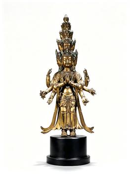 Gilt Bronze Inlaid Standing Eleven-Faced Eight-Armed Avalokiteshvara, Qing Dynasty