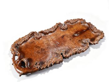 Qing Dynasty Cherry Wood Leaf-Carved Free-Form Scholar Tray