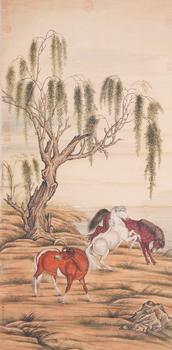 郎世寧絹本駿馬圖畫