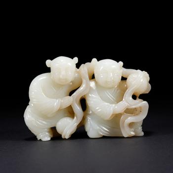 和田玉雕雙童子形擺件