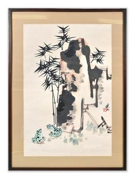 邱受成 竹石雙蛙圖