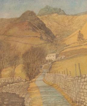 Lot 502 *  KEN WILSON (20TH CENTURY) A cottage in a mountainous landscape