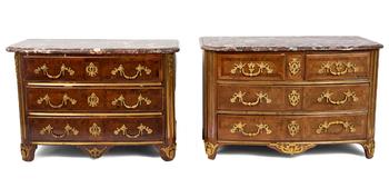 Lot 310 A NEAR PAIR OF REGENCE KINGWOOD, ORMOLU MOUNTED AND MARBLE-TOPPED BOWFRONT COMMODES