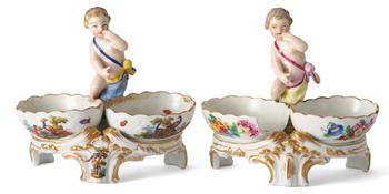 Lot 37 A NEAR PAIR OF CONTINENTAL PORCELAIN SALT CELLARS