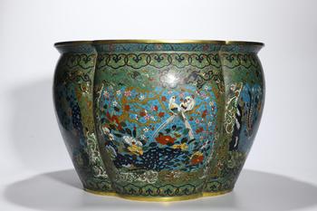 Grand bac cloisonné chinois ancien à oiseaux et fleurs, 18–19 s.