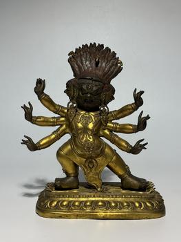 Statue six bras Mahakala bronze doré, 18 siècle