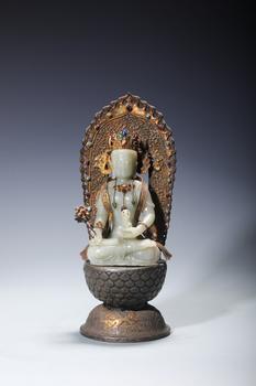 A White Jade Guanyin Bodhisattva with Gilt Gem-Inlaid Silver Throne and Mandorla, China, 14th–17th centuries