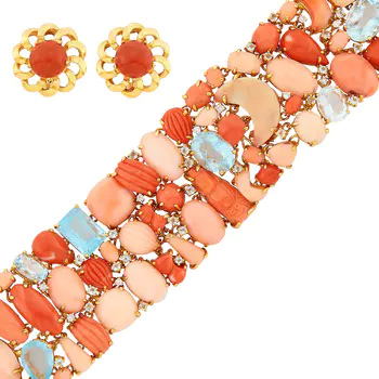 Wide Gold, Coral, Aquamarine and Diamond Bracelet and Pair of Gold and Coral Earclips