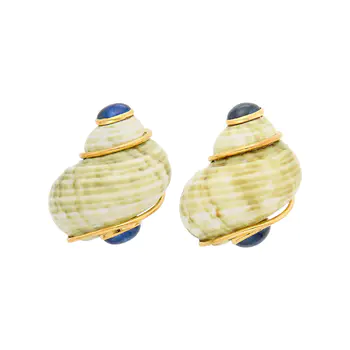 Seaman Schepps Pair of Gold, Shell and Cabochon Sapphire Earclips