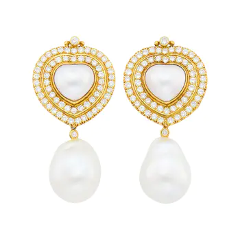 Pair of Gold, Mabé Pearl, Diamond and Baroque South Sea Cultured Pearl Pendant-Earclips