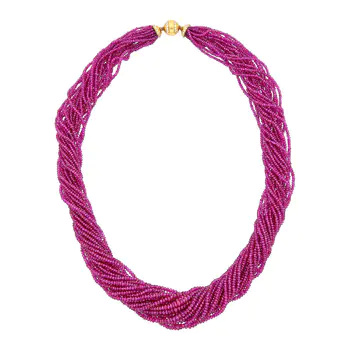 Multistrand Ruby Bead Torsade Necklace with Gold and Diamond Clasp