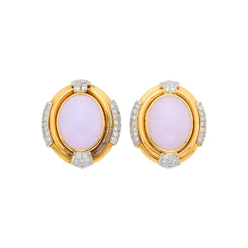 Pair of Two-Color Gold, Lavender Jade and Diamond Earclips