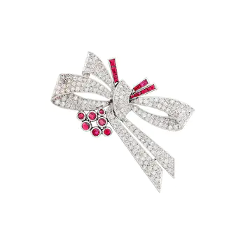 Platinum, Diamond and Ruby Bow Brooch
