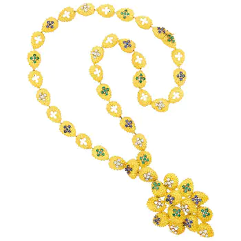 Long Gold, Diamond, Emerald, Sapphire Pendant-Brooch Necklace