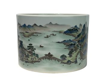 A Chinese Famille Rose brush pot with landscape figure decoration, Qian Long Pr.