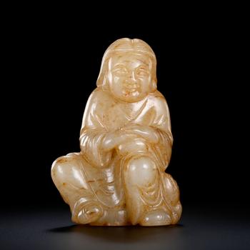 Sitting Statue of White Jade and Qin Color Figures in Ming Dynasty | 明 白玉沁色人物坐像