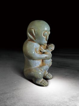 中古  奶油白沁母子情深玉把件