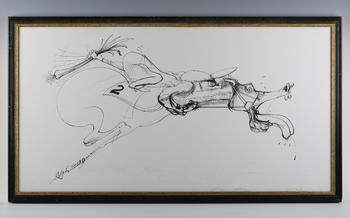 Ralph Steadman (British b.1936) - Racehorse, print, signed and dated 3.3.77 lower centre, 50cm x 95cm, within a black frame, together with a further p