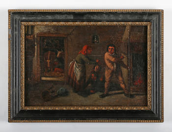 Manner of David Teniers - Family in an interior, oil on panel, 11cm x 16cm, within a Hogarth style frame.