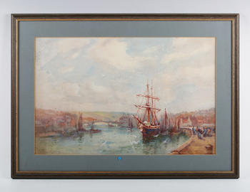 Frank Rousse (fl.1894-1917) - View of the new quay at Whitby on the River Esk, watercolour, signed lower left, 33cm x 50cm, within a stained wood fram