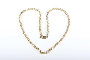 A gold curblink neckchain, detailed ‘9ct’, on a sprung hook shaped clasp, detailed ‘375’, weight 45.8g, length 55.5cm.