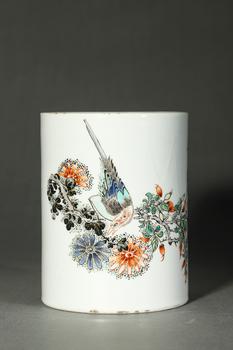 清康熙 五彩花鳥筆筒