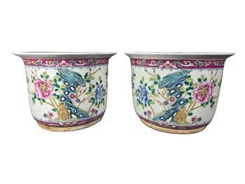 清 粉彩耄耋圖花盆一對(duì)