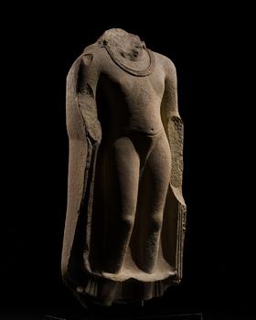 ? A LARGE AND HIGHLY IMPORTANT CHUNAR SANDSTONE TORSO OF THE BUDDHA, SARNATH, GUPTA PERIOD, 5TH CENTURY