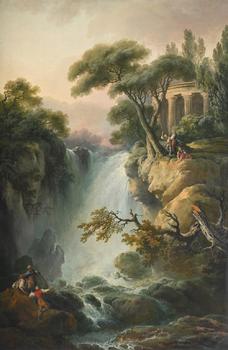 ITALIAN SCHOOL (18TH CENTURY), LANDSCAPE WITH A WATERFALL AND A TEMPLE