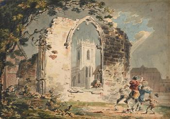 JOSEPH MALLORD WILLIAM TURNER (BRITISH 1775-1851), TRAVELLERS PASSING A RUINED ABBEY