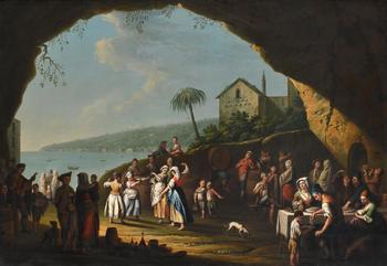 PIETRO FABRIS (ITALIAN 1740-1792), VIEW OF THE BAY OF NAPLES WITH PEASANTS DANCING AND EATING PASTA