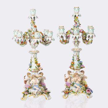 Ernst August Leuteritz (Meissen 1818 - Meissen 1893). A Pair of Splendid Seven-Flamed Girandoles 'The Music'.