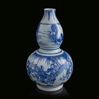 明崇禎 青花人物葫蘆瓶  A Chinese blue and white double gourd-form vase