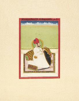 A seated portrait of a ruler,?
Jodhpur, Rajasthan, North India, early 19th century,?

Opaque pigments on paper heightened with gold, possibly Mah
