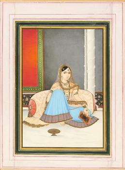 A seated portrait of a noble lady, possibly Zeenat Mahal,?
Delhi, North India, circa 1880,?

opaque pigments on paper, facing the viewer, reclini