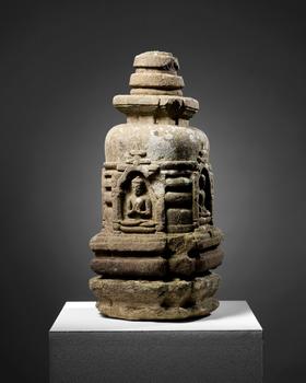 A stone four sided stupa or chaitya,
Northeastern India, Pala period, 10th-11th century,?

On a mandala base, with four buddhas within four niches