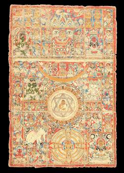 A Jain mandala painting,
Western India, 16th century?

Gouache and gold on cloth, with a central Jina within a lotus form mandala and Om-Hrim yant