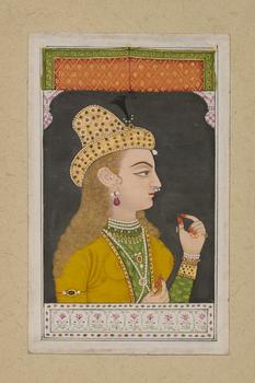 A portrait of a European lady at a window,
Mughal India, circa 1740,?

Opaque pigments heightened with gold on paper, wearing a floral studded gol