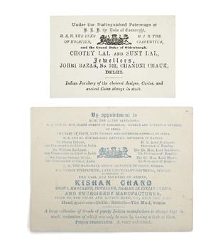 Two printed Indian trade cards,
Delhi, late 19th/early 20th century

The larger card for 'Kishan Chand', Delhi, c.1900, the business described as '
