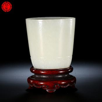 清 蓮瓣紋白玉杯（帶座）
