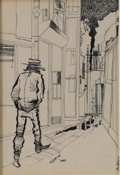 Jean GOFFART (1939), ? Homme en rue ?, dessin à l’encre figurant un personnage solitaire traversant une ruelle urbaine stylisée aux perspectives dést
