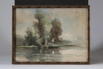 émile DELPERéE (1850-1896), ? Le Passage à Esneux ?, aquarelle représentant un paysage de rivière animé de berges arborées dans une atmosphère brumeus