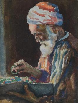 école orientaliste vers 1900, aquarelle représentant un vieil homme en turban triant des perles ou bijoux dans une composition intimiste aux tonalités