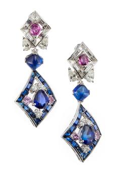 A pair of sapphire, diamond and pink sapphire earclips, each designed as a single claw-set oval sapphire within marquise and brilliant-cut diamond sur