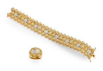 Kutchinsky. A diamond set bracelet and ring, the ring designed as three rows of textured floral panels with brilliant-cut diamond centres, and brillia