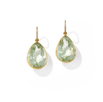 A PAIR OF GREEN AMETHYST PENDENT EARRINGS