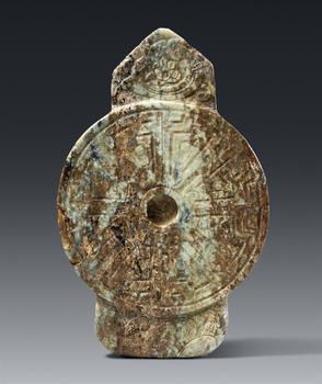 A rare ceremonial gui sceptre with a bi disc (guibi). Green-greyish jade. Zhou dynasty (1046-256 BC)