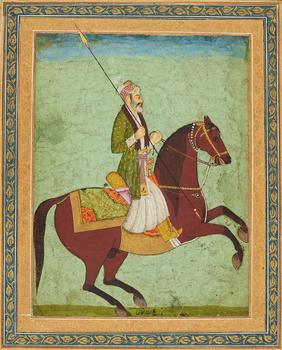 An equestrian portrait of a nobleman. Opaque pigments and gold on paper. Mughal India. 18th century